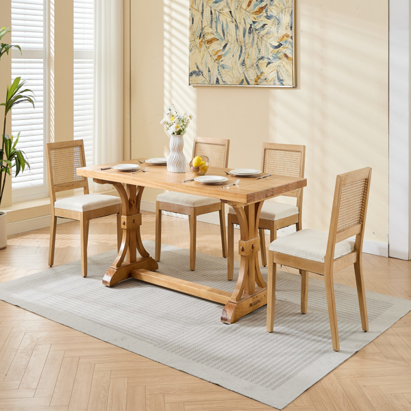 乡村风藤编餐椅（两把装）——中世纪现代风格厨房与餐厅椅，天然硬木框架配藤编软包座面，米色-15