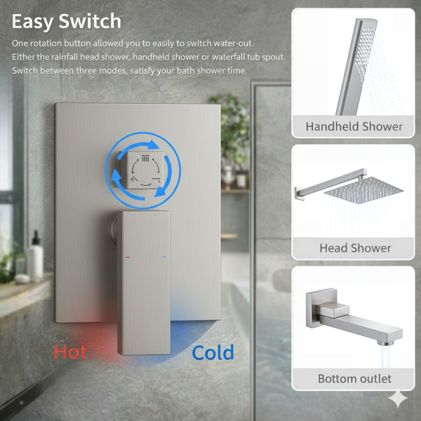 外螺纹拉丝镍淋浴系统，12英寸淋浴花洒头配手持淋浴喷头，浴室壁挂式淋浴龙头套装（含压力平衡淋浴阀芯套件）【周末不发货，TK/TEMU订单仅支持自提】-4