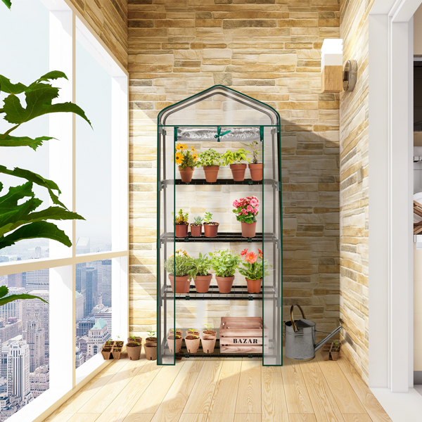 27*19*62in PE布花房 透明PVC 墨绿色铁管 尖顶迷你带4层网格花架 带拉链卷门-16