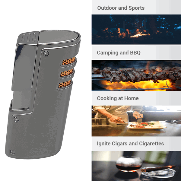 SIKARO®旋风* 三直冲专用高档雪茄打火机带雪茄打孔器黑镍枪黑雪茄香烟厨房户外可重复充气可调节火焰高度便携式-6