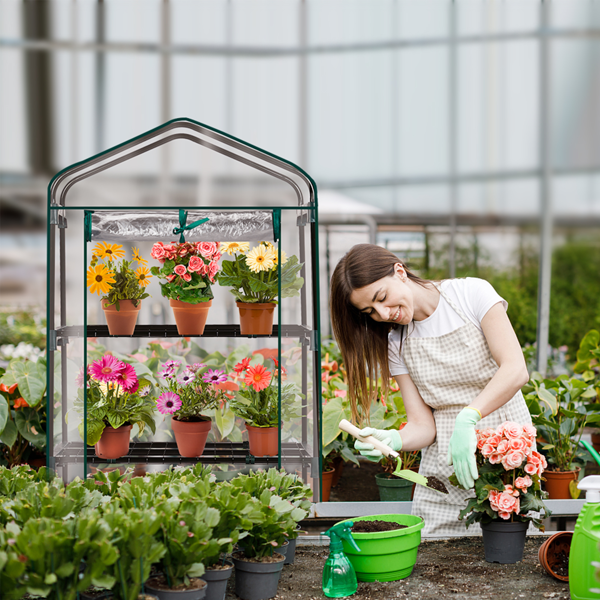 27*19*62in PE布花房 透明PVC 墨绿色铁管 尖顶迷你带4层网格花架 带拉链卷门-12