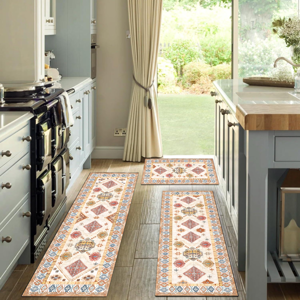 (水晶绒水洗底)厨房地毯3件套，防滑机洗厨房垫，波西米亚复古厨房地毯-10