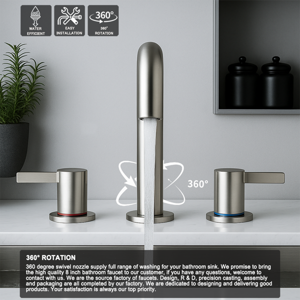 8英寸宽幅洗手盆龙头，双把手三孔设计，带360°旋转喷嘴和弹起式排水器，拉丝镍[周末无法发货，TK/TEMU仅支持自提]-14