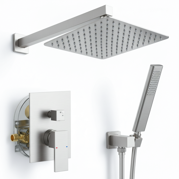 NPT公头拉丝镍淋浴系统，浴室淋浴配件用淋浴龙头套装，配有12英寸花洒头和手持花洒（含压力平衡淋浴阀芯套件）【周末不发货，TK/TEMU订单仅支持自提】-8