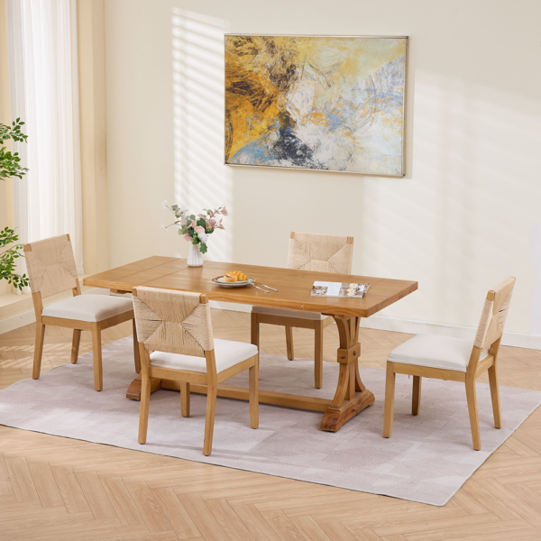 中世纪现代风格藤编餐椅两件套，木质餐椅，藤编靠背，软垫座椅，亚麻布软垫，天然饰面，米色，SW1883MT-13