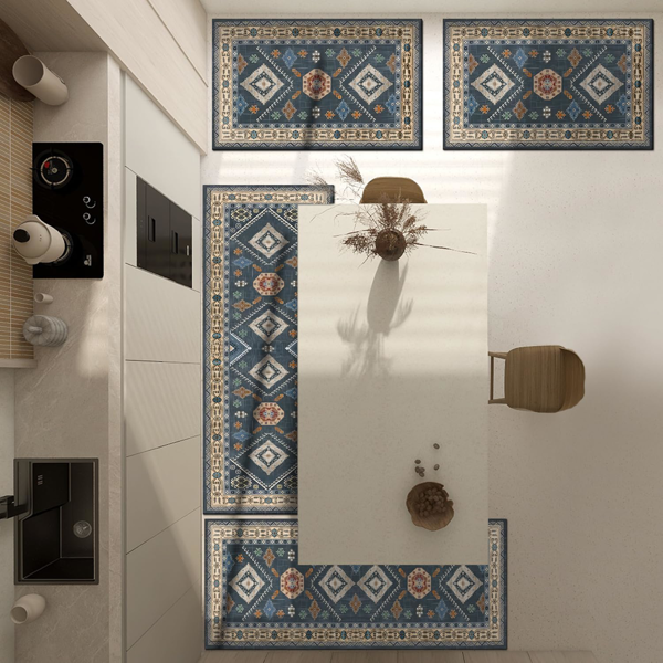 （水晶绒水洗底）波西米亚风厨房地毯套装4件套含长条地垫 厨房花卉地垫 地毯 乡村风厨房地毯及垫子 防滑可水洗厨房长条地垫 适用于厨房地面及水槽区域-7