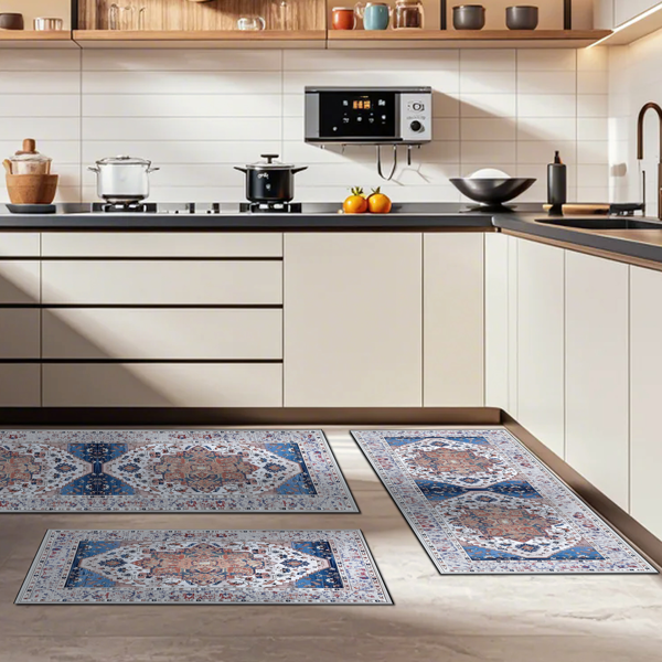 (水晶绒水洗底)厨房地毯3件套，防滑机洗厨房垫，波西米亚复古厨房地毯-3