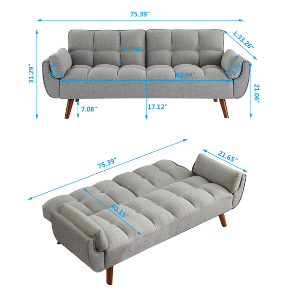 75英寸喇叭扶手可转换双人沙发床-浅灰色-14
