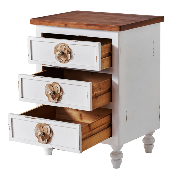 复古农舍风格边桌，带花卉旋钮 – 19 英寸乡村风床头柜，带 3 个抽屉和葫芦形桌腿，可用作床边桌或沙发边桌，几乎完全组装，做旧白色，不支持self-pick up且不支持指定仓库发货-1