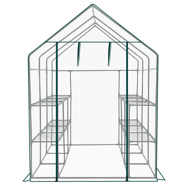 56*56*77in PE布花房 白色PE布 墨绿色铁管 尖顶 带8片网格花架 带拉链卷门-9