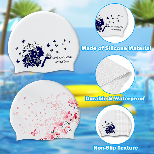 2件男女硅胶泳帽，高弹性舒适防滑男女泳帽，耐用防水长短发泳帽，保持头发干燥-4