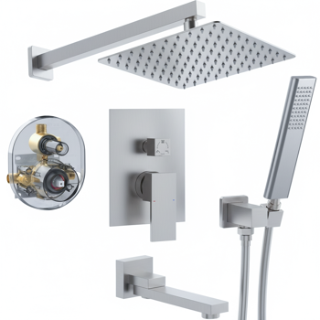 外螺纹拉丝镍淋浴系统，12英寸淋浴花洒头配手持淋浴喷头，浴室壁挂式淋浴龙头套装（含压力平衡淋浴阀芯套件）【周末不发货，TK/TEMU订单仅支持自提】