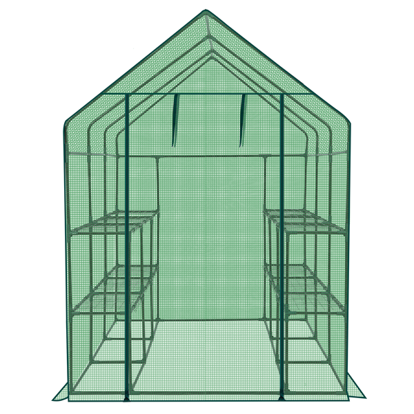 56*85*77in PE布花房 绿色PE布 墨绿色铁管 尖顶 带12片网格花架 带拉链卷门-1