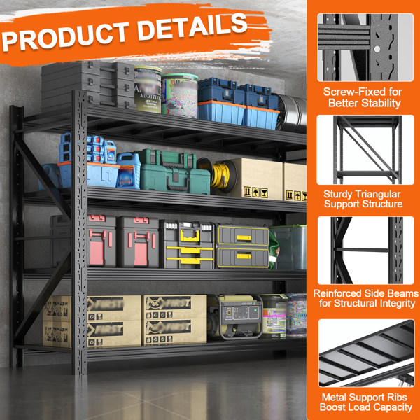 Temu 仅支持自提 重型车库货架单元70.1"H"71"W 24"D，4层钢制可调节金属储物架，3000磅工业货架，用于车库组织、地下室、仓库、车间、工具架-5