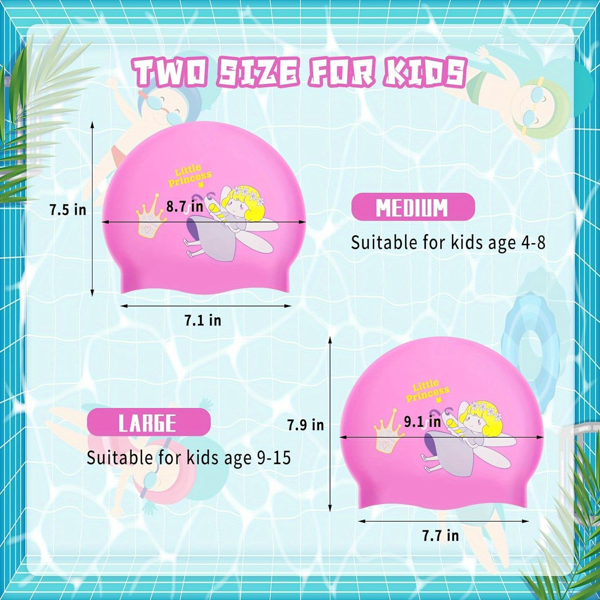 2件套儿童游泳帽，适合9-15岁的女孩和男孩，防水泳帽，适合长发和短发，硅胶游泳帽，带有仙女美人鱼卡通图案的游泳帽-5