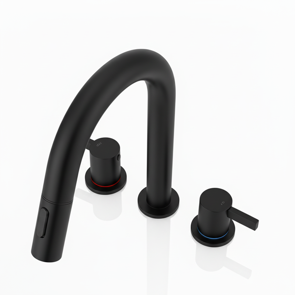 8英寸宽幅洗手池水龙头，双把手三孔设计，配备弹起式排水器和360°下拉式喷头，哑光黑[周末无法发货，TK/TEMU仅支持自提]-5