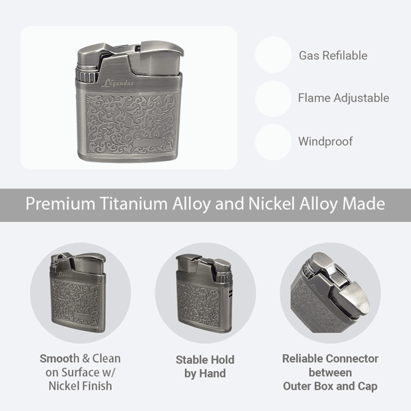 LEGENDEX®攀登者* 银色防风打火机复古风格用于雪茄香烟厨房户外可重复充气可调节火焰高度便携式-2