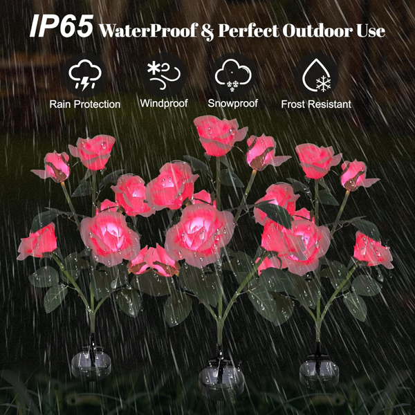 户外太阳能玫瑰灯，2 件装，含 14 朵玫瑰，防水变色 LED 花灯，太阳能花园支柱，用于院子、露台、小径装饰——人造花卉装饰灯-7