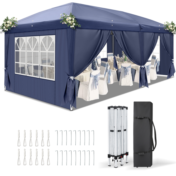 【同款C2602090069】10*20ft  蓝色  一键撑开 6片面-2门4窗 28/22MM脚管 10X20MM交叉杆 折叠棚  210D牛津布  喷塑铁管 配拎包 无沙袋-3