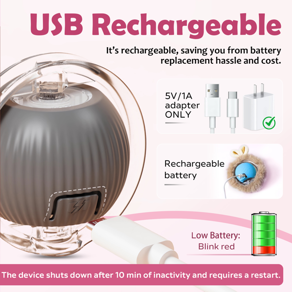 互动电动毛绒猫玩具球——室内猫互动玩具，带灯光的动作感应自动移动球，自带啾啾声的电动自转球，配有蓬松尾巴和兔耳朵，专为室内宠物设计-2