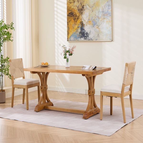 中世纪现代风格藤编餐椅两件套，木质餐椅，藤编靠背，软垫座椅，亚麻布软垫，天然饰面，米色，SW1883MT-19