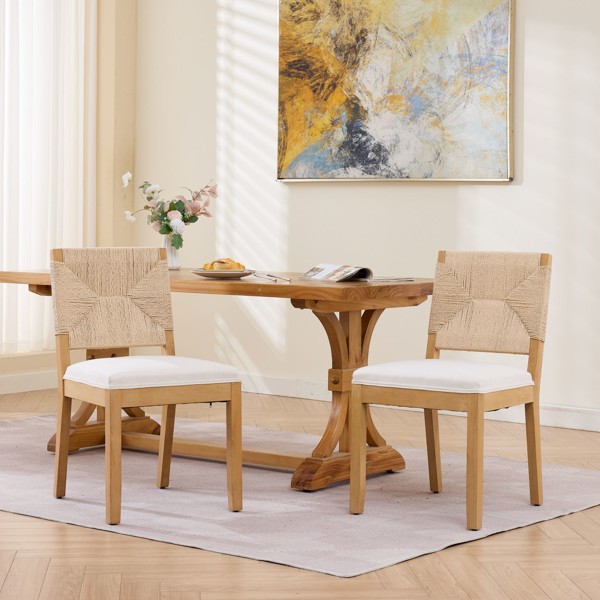 中世纪现代风格藤编餐椅两件套，木质餐椅，藤编靠背，软垫座椅，亚麻布软垫，天然饰面，米色，SW1883MT-17