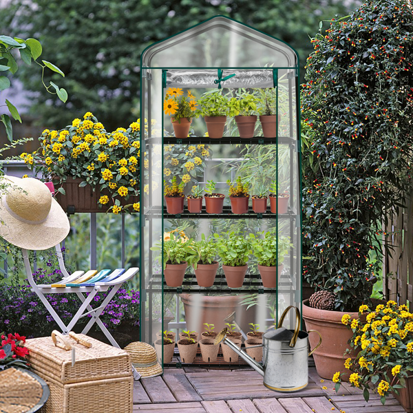 27*19*62in PE布花房 透明PVC 墨绿色铁管 尖顶迷你带4层网格花架 带拉链卷门-17