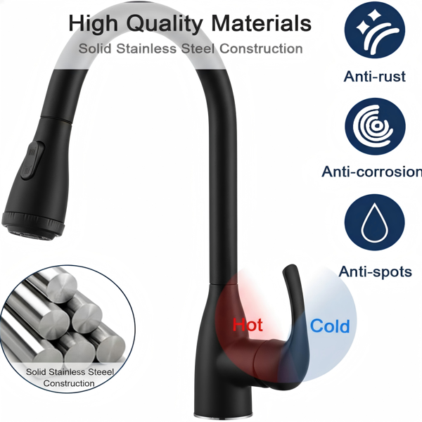 单柄高弧度哑黑厨房水槽拉出式水龙头，配备4种喷洒模式，单层不锈钢材质，带下拉式喷头【周末不发货，TK/TEMU订单仅支持自提】-5