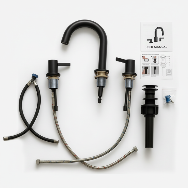 8英寸宽幅洗手盆龙头，双把手三孔设计，带360°旋转喷嘴和弹起式排水器，哑光黑[周末无法发货，TK/TEMU仅支持自提]-10