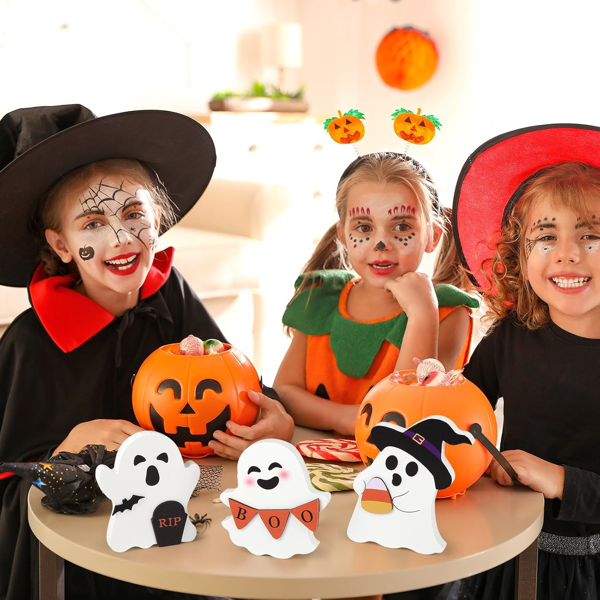 可爱鬼魂万圣节室内装饰，木质分层托盘装饰桌牌，3 件套，黑猫蝙蝠女巫扫帚招牌，派对家庭陈列南瓜块-3