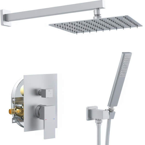 公头NPT哑光拉丝淋浴系统，浴室水龙头套件，带10英寸雨喷头和手持淋浴装置（包括压力平衡淋浴阀套件）【周末不发货，TK/TEMU订单仅支持自提】-1