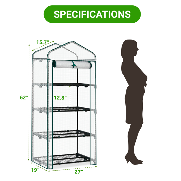 27*19*62in PE布花房 白色PE布 墨绿色铁管 尖顶迷你带4层网格花架 带拉链卷门-3