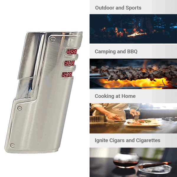 SIKARO®旋风* 三直冲专用高档雪茄打火机带雪茄打孔器白镍银色雪茄香烟厨房户外可重复充气可调节火焰高度便携式-6