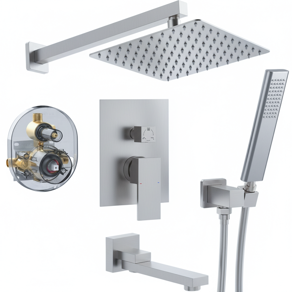 外螺纹拉丝镍淋浴系统，12英寸淋浴花洒头配手持淋浴喷头，浴室壁挂式淋浴龙头套装（含压力平衡淋浴阀芯套件）【周末不发货，TK/TEMU订单仅支持自提】-1