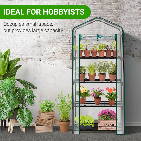 27*19*62in PE布花房 透明PVC 墨绿色铁管 尖顶迷你带4层网格花架 带拉链卷门-18