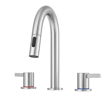 8英寸宽幅洗手池水龙头，双把手三孔设计，配备弹起式排水器和360°下拉式喷头，拉丝镍[周末无法发货，TK/TEMU仅支持自提]