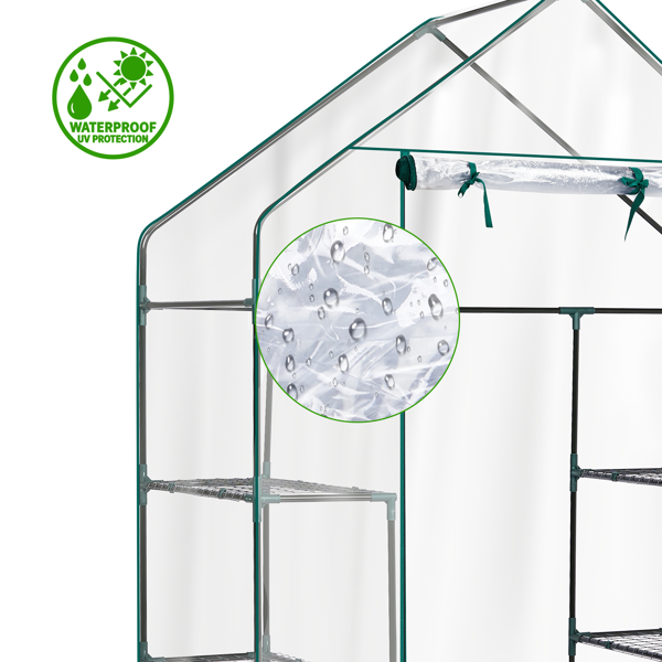 56*29*77in PE布花房 透明PVC 墨绿色铁管 尖顶 带4片网格花架 带拉链卷门-8