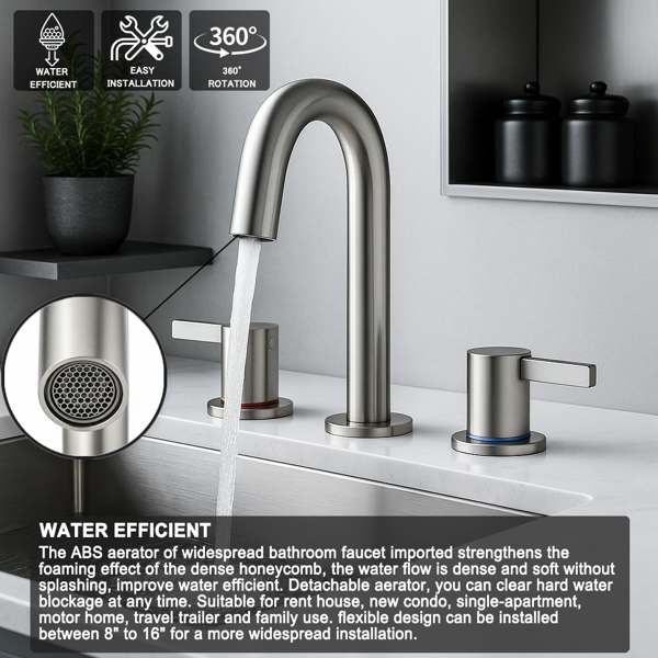 8英寸宽幅洗手盆龙头，双把手三孔设计，带360°旋转喷嘴和弹起式排水器，拉丝镍[周末无法发货，TK/TEMU仅支持自提]-11