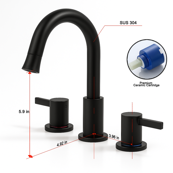 8英寸宽幅浴室水龙头，双把手三孔设计，配备360°下拉式喷头和弹起式下水器，哑光黑[周末无法发货，TK/TEMU仅支持自提]-9
