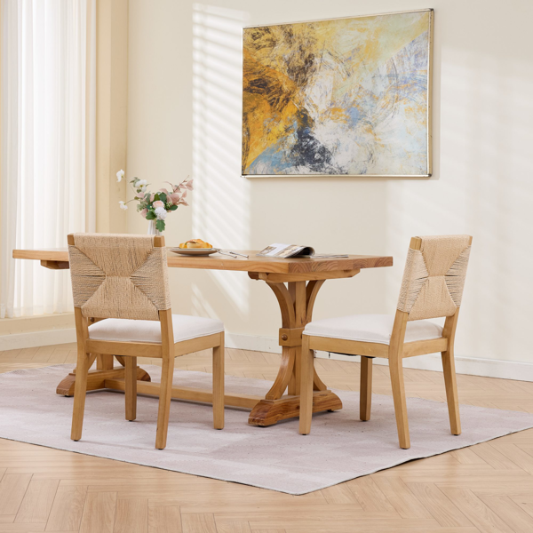 中世纪现代风格藤编餐椅两件套，木质餐椅，藤编靠背，软垫座椅，亚麻布软垫，天然饰面，米色，SW1883MT-14
