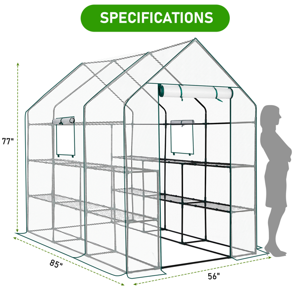 56*85*77in PE布花房 白色PE布 墨绿色铁管 尖顶 带12片网格花架 带拉链卷门-6