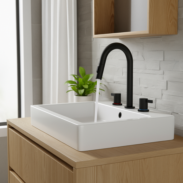 8英寸宽幅洗手池水龙头，双把手三孔设计，配备弹起式排水器和360°下拉式喷头，哑光黑[周末无法发货，TK/TEMU仅支持自提]-14