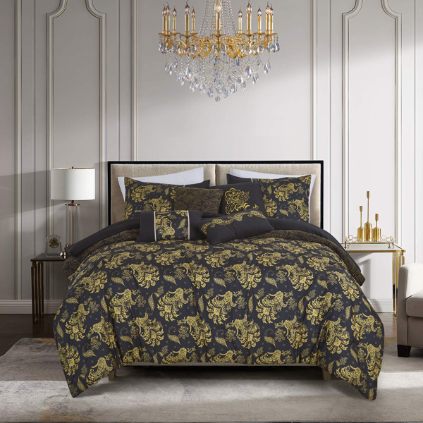 黑色和黄色棉被套装大号双人床尺寸 - 7 件套 Dubh 花卉床上用品套装-5