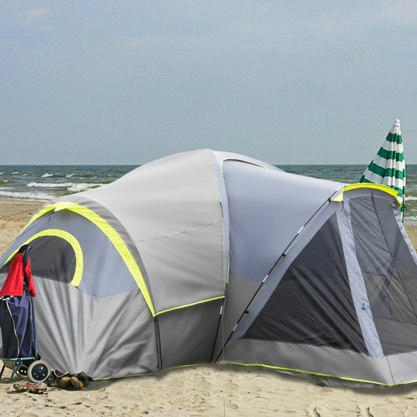 10人 深灰色 三室 露营帐篷 涤纶布 玻璃纤维杆 522*260*210cm 家庭帐篷 N001 -30