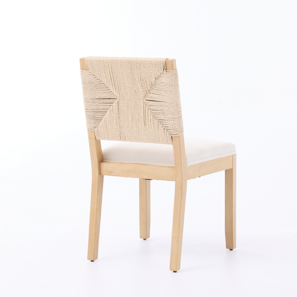 中世纪现代风格藤编餐椅两件套，木质餐椅，藤编靠背，软垫座椅，亚麻布软垫，天然饰面，米色，SW1883MT-6