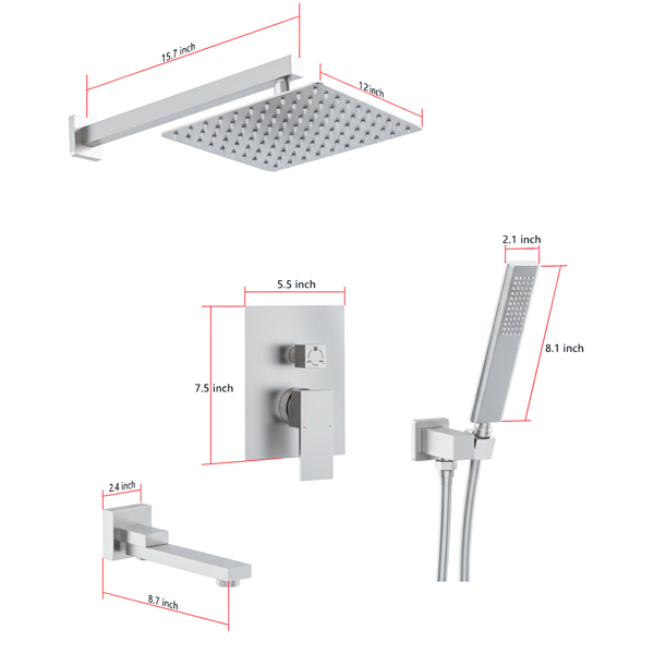 外螺纹拉丝镍淋浴系统，12英寸淋浴花洒头配手持淋浴喷头，浴室壁挂式淋浴龙头套装（含压力平衡淋浴阀芯套件）【周末不发货，TK/TEMU订单仅支持自提】-2