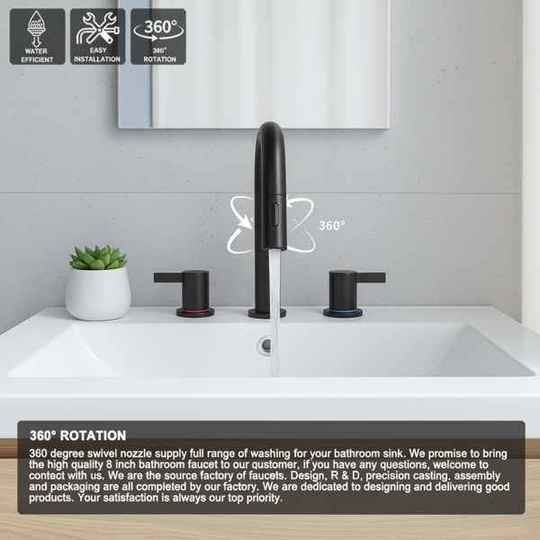 8英寸宽幅洗手池水龙头，双把手三孔设计，配备弹起式排水器和360°下拉式喷头，哑光黑[周末无法发货，TK/TEMU仅支持自提]-10