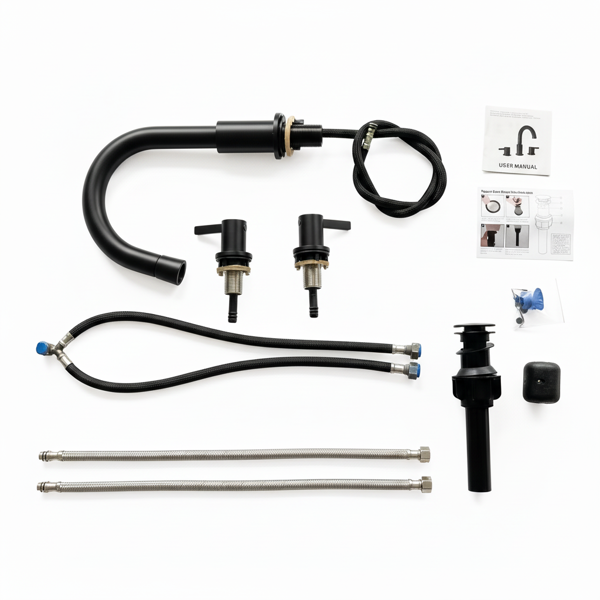 8英寸宽幅浴室水龙头，双把手三孔设计，配备360°下拉式喷头和弹起式下水器，哑光黑[周末无法发货，TK/TEMU仅支持自提]-7