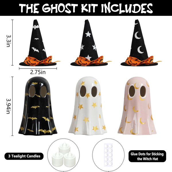 万圣节室内装饰，三套带女巫帽的陶瓷鬼魂，可爱的幽灵小雕像用于壁炉架、架子和桌面装饰，万圣节装饰-3