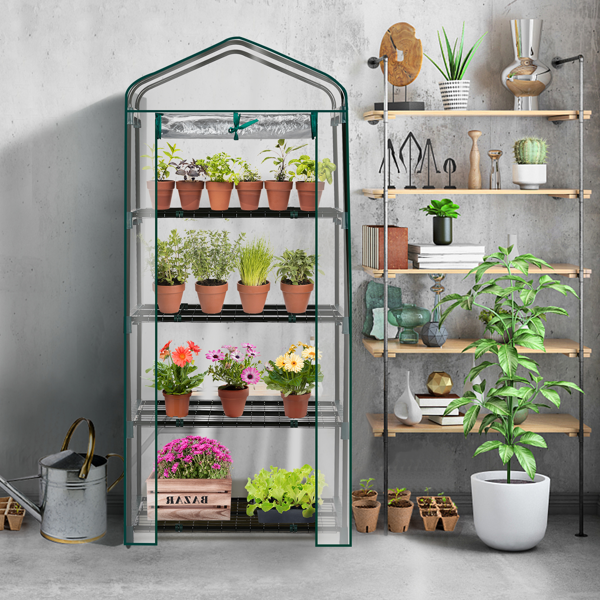 27*19*62in PE布花房 透明PVC 墨绿色铁管 尖顶迷你带4层网格花架 带拉链卷门-11